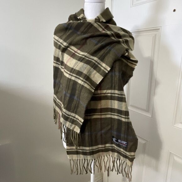 Italy Design Cashmere Viscose Blend Plaid Fringed Scarf Brown/Beige Sz 66" x 12" - Picture 1 of 5